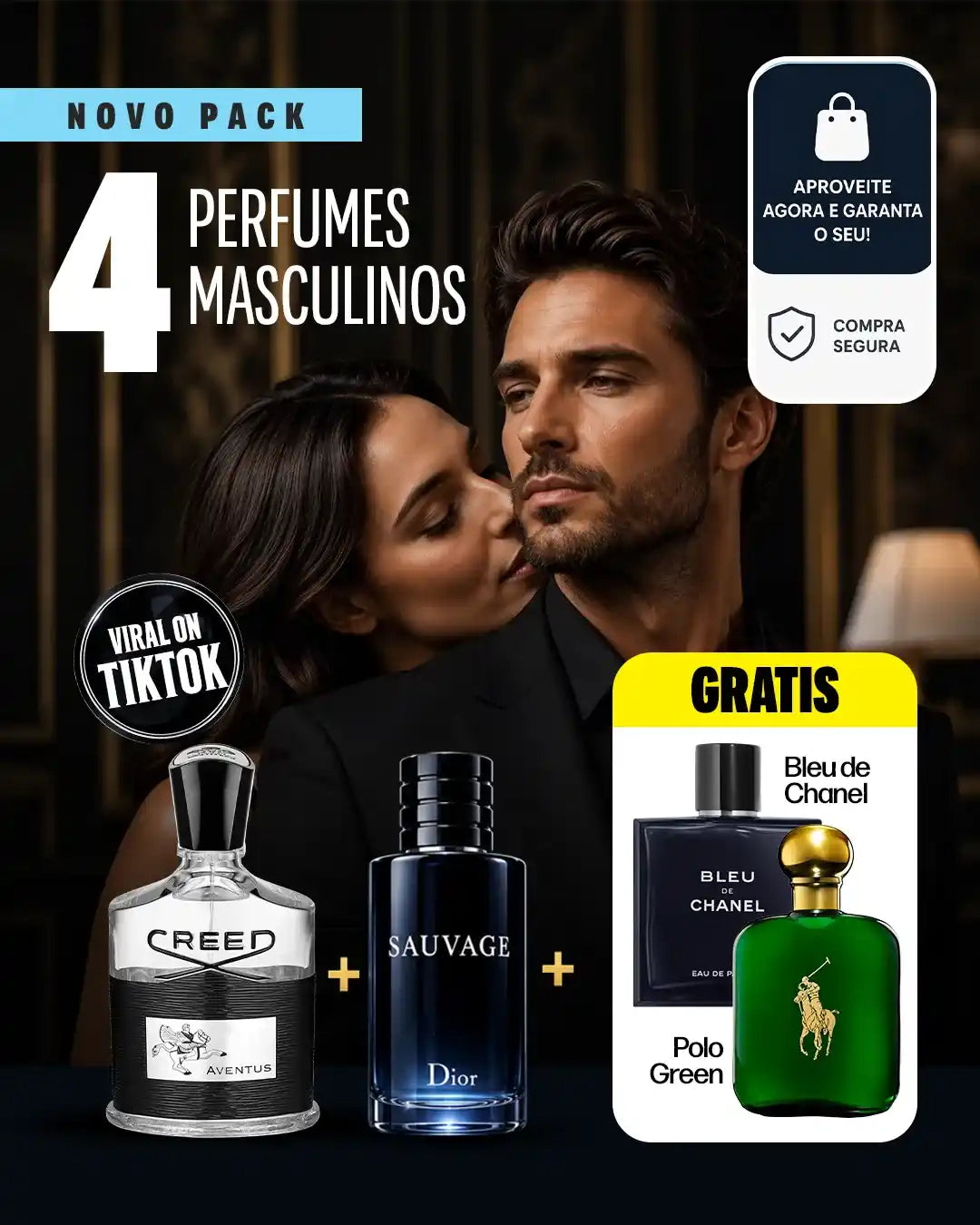 4 PERFUMES PREMIUM DE 100 ML PELO PREÇO DE 2! Paga 2 e leva 4 — GRÁTIS: Bleu de Chanel 100 ml + Ralph Lauren Polo Green 100 ml | Kit Premium com Creed Aventus e Dior Sauvage