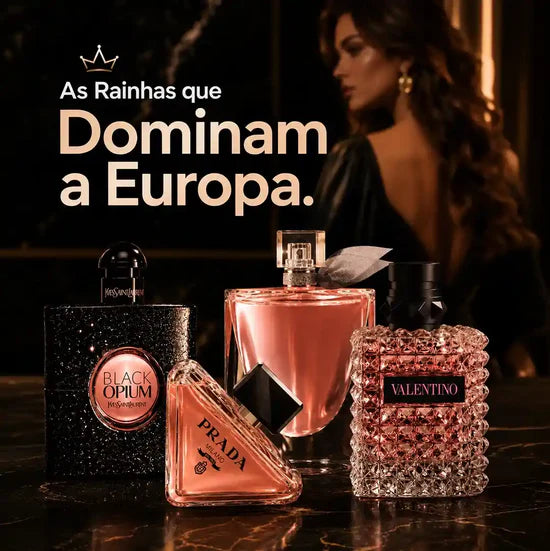 4 Ícones da Perfumaria Feminina — Kit Premium com YSL Black Opium, Lancôme La Vie Est Belle, Prada Paradoxe e Valentino Donna Born In Roma de 100 ml cada