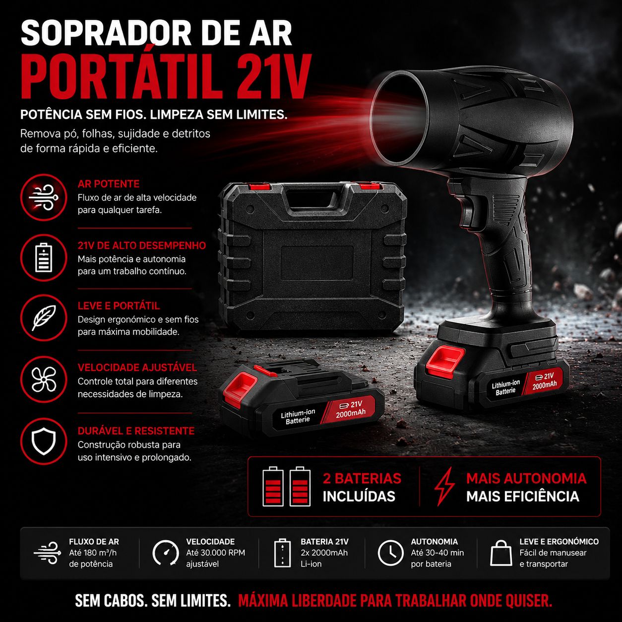 Soprador de Ar Portátil 21V + 2 Baterias