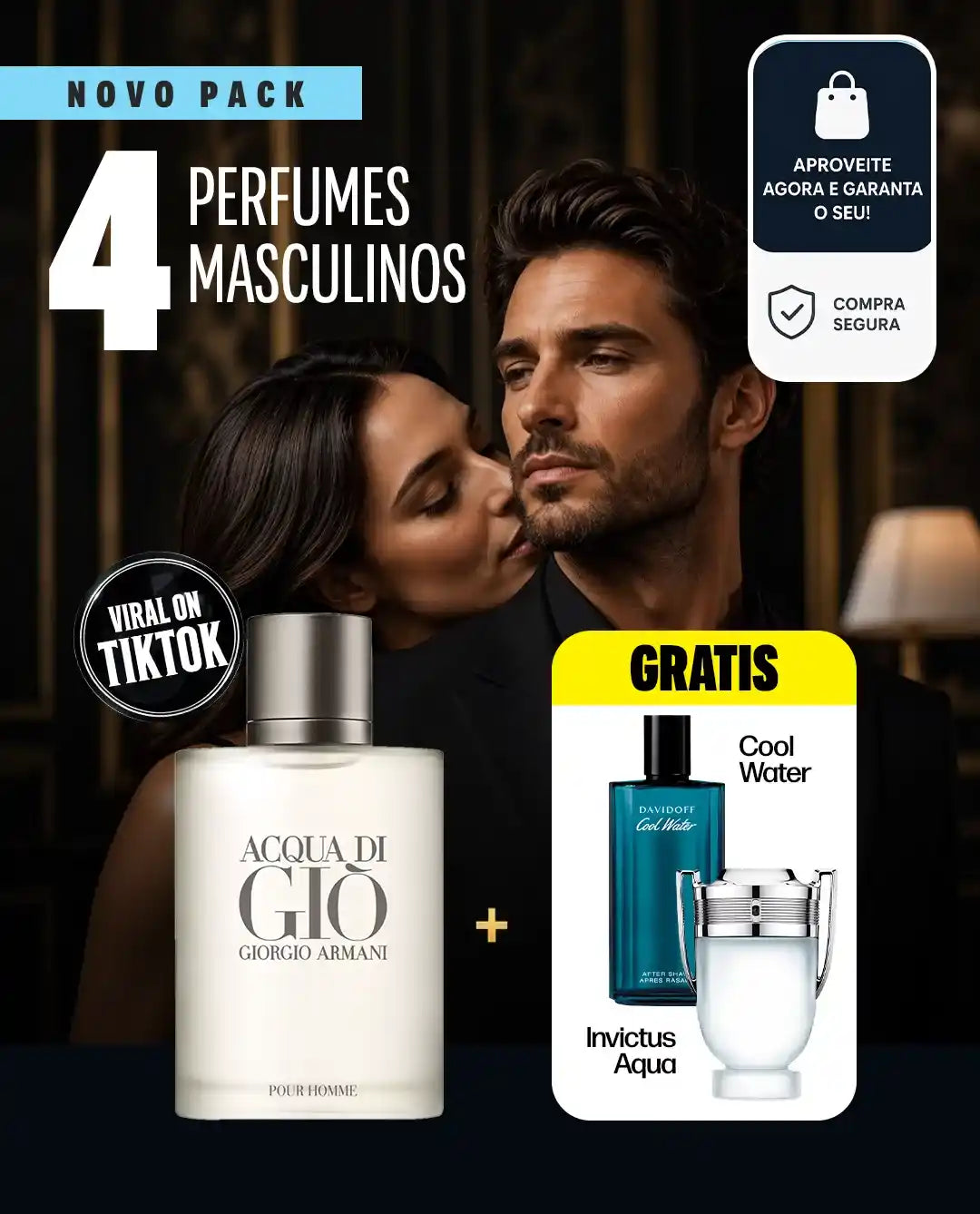 3 PERFUMES PREMIUM DE 100 ML PELO PREÇO DE 1! Paga 1 Acqua di Giò e leva 2 perfumes GRÁTIS — Cool Water + Invictus Aqua 100 ml GRÁTIS