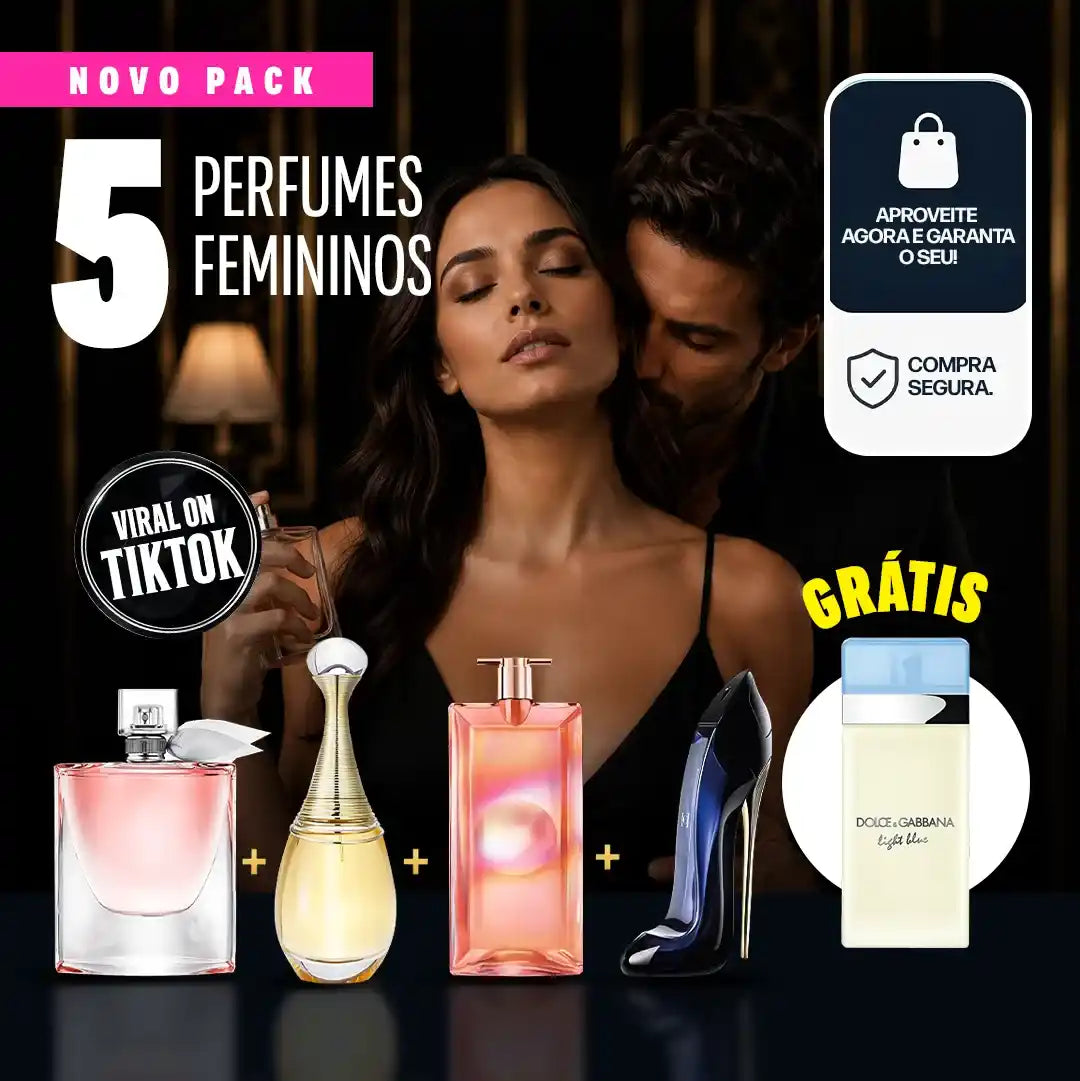 5 PERFUMES PELO PREÇO DE 1! Paga 1 e leva 4 + 1 perfume GRÁTIS — Kit Premium com J’adore, Good Girl, Idôle e La Vie Est Belle + Light Blue 50 ml GRÁTIS, o perfume do verão