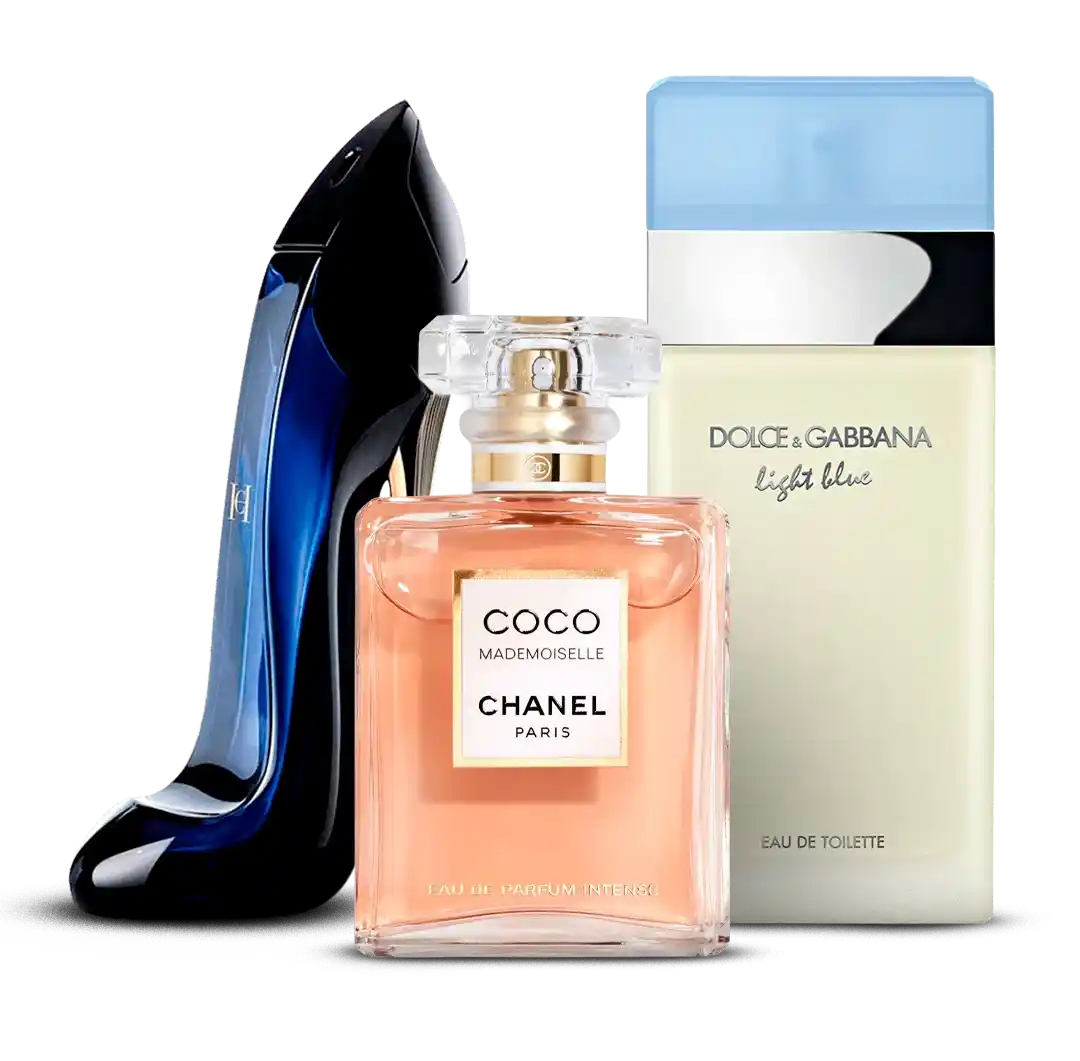+3 Perfumes Premium: Good Girl da Carolina Herrera + Coco Mademoiselle da Chanel + Light Blue da Dolce & Gabbana (100 ml cada)