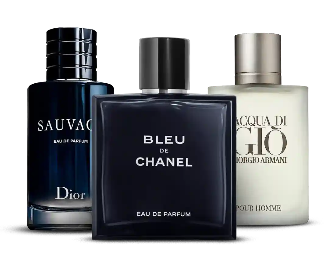 +3 Perfumes Premium: Sauvage da Dior + Bleu de Chanel + Acqua di Giò da Giorgio Armani (100 ml cada)