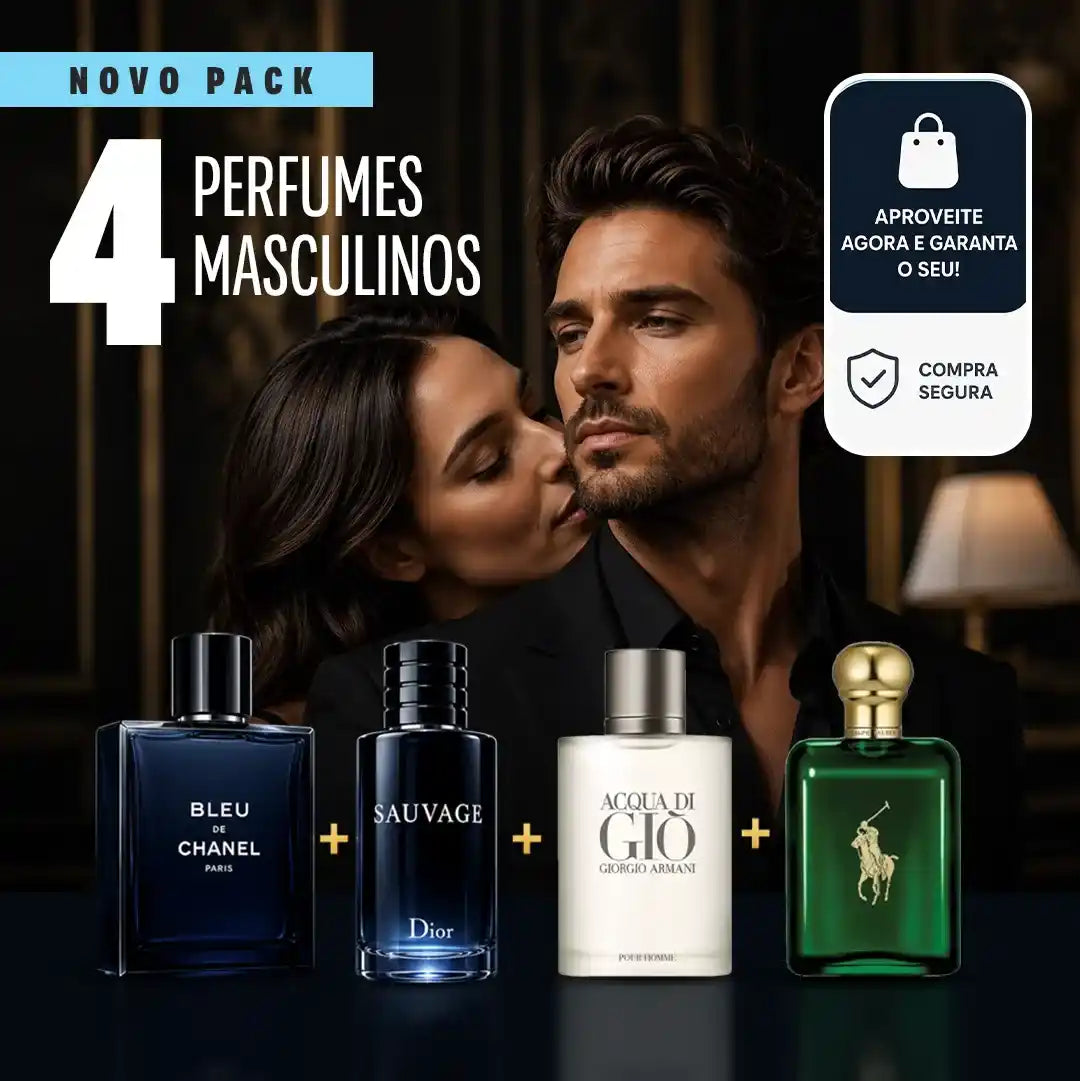 4 PERFUMES PELO PREÇO DE 1! — Kit Premium Masculino com Bleu de Chanel, Sauvage, Polo Green e Acqua de Giò de 100 ml cada