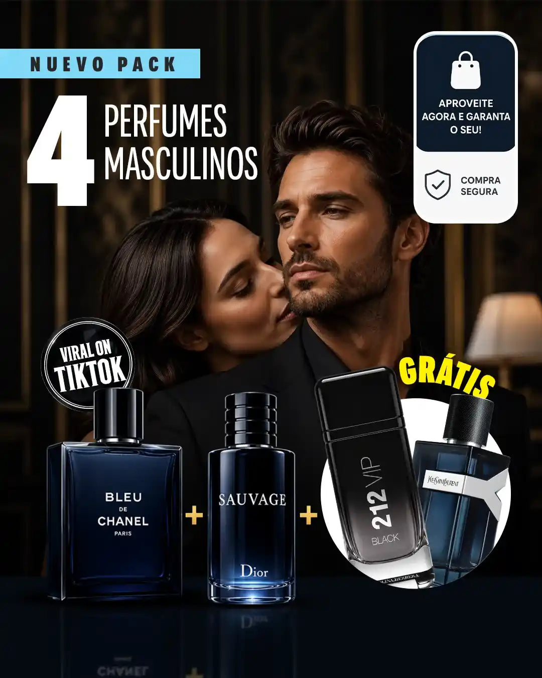 COMPRE 2 E LEVE 4! Paga 2 e recebe 2 + 2 perfumes GRÁTIS — Kit Premium com Bleu de Chanel, Dior Sauvage + Y de Yves Saint Laurent 100 ml GRÁTIS + 212 VIP Black 100 ml GRÁTIS