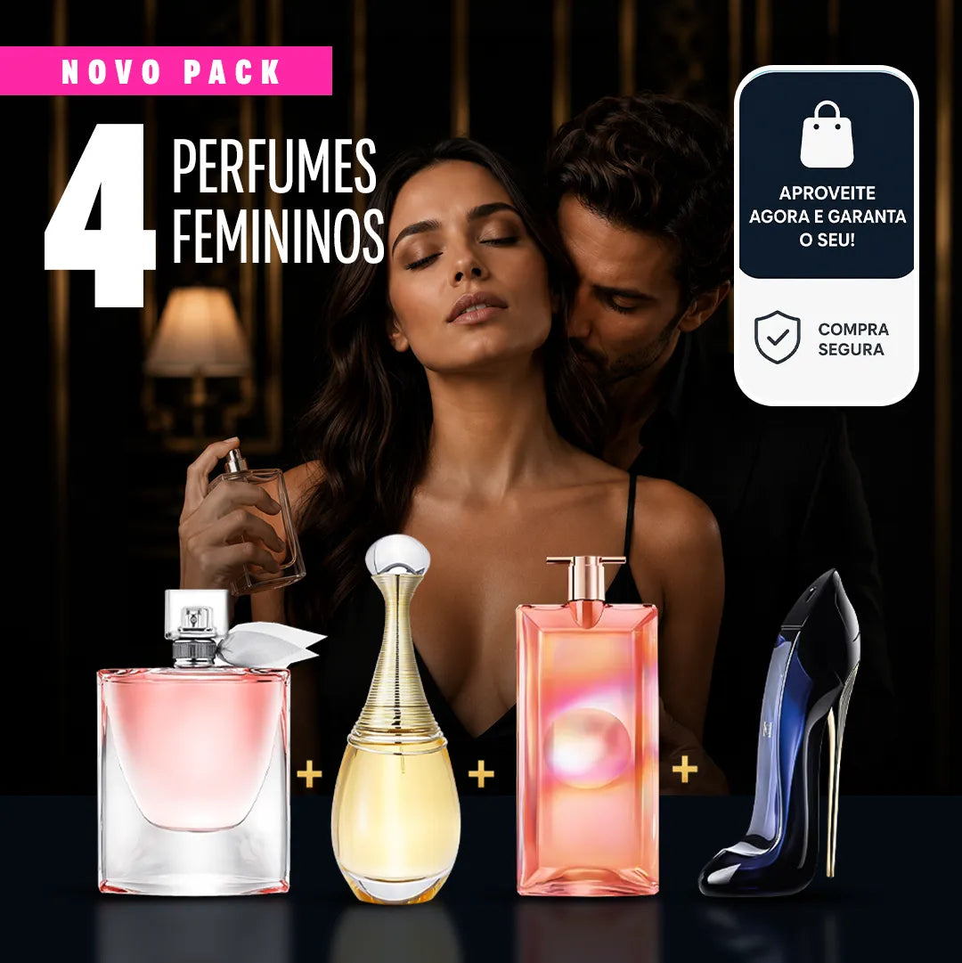 PAGA 1 E LEVA 4! – Kit Exclusivo de Perfumes Premium: Good Girl, La Vie Est Belle, Idôle e J’adore (Eau de Parfum, 100 ml cada um – Pro)