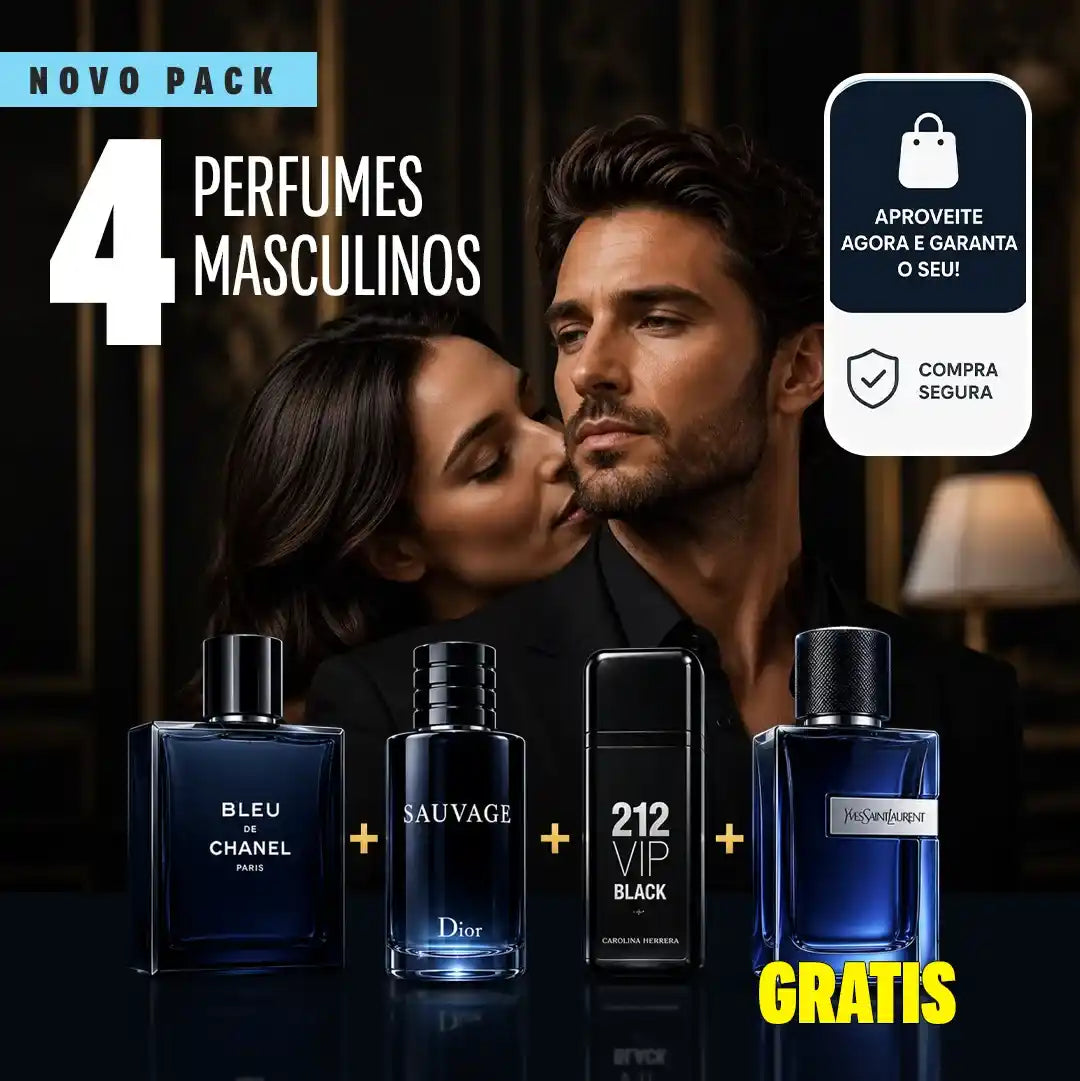 4 PERFUMES PELO PREÇO DE 1 Pro! Pague 1 e leve 3 + 1 GRÁTIS — Bleu de Chanel, Sauvage e 212 VIP Black de 100 ml cada, mais YSL Y de 100 ml GRÁTIS (o perfume do verão)