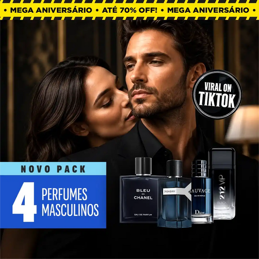 ¡4 PERFUMES PELO PREÇO DE 1! — Kit Premium Masculino com Bleu de Chanel, Sauvage, YSL Y e 212 VIP Black de 100 ml cada