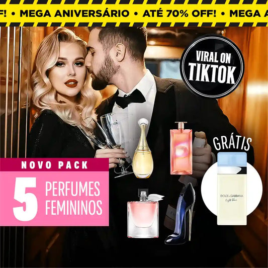 5 PERFUMES PELO PREÇO DE 1! Paga 1 e leva 4 + 1 perfume GRÁTIS — Kit Premium com J’adore, Good Girl, Idôle e La Vie Est Belle + Light Blue 50 ml GRÁTIS, o perfume do verão