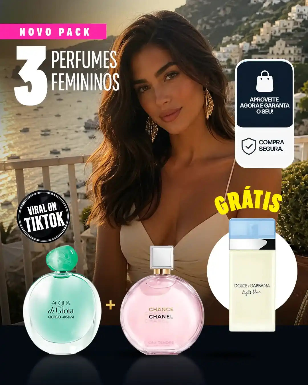 3 PERFUMES PREMIUM DE 100 ML PELO PREÇO DE 1! Pague 1 e receba 2 + 1 GRÁTIS — Chanel Chance Eau Tendre 100 ml + Acqua di Gioia Armani 100 ml + Dolce & Gabbana Light Blue 100 ml GRÁTIS, o perfume do verão